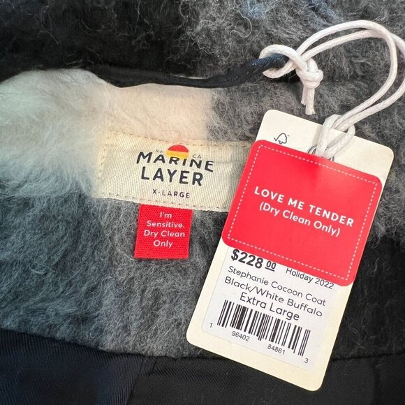 Marine Layer Stephanie Cocoon Coat Extra Large Black White Buffalo - Picture 8 of 11